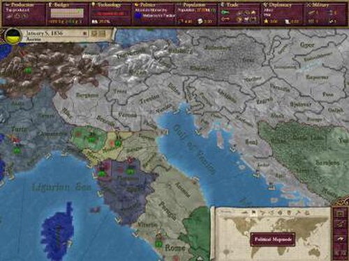 1836 年の北イタリアの政治地図モード、インターフェイスを示す Victoria II のプレビュー画像。