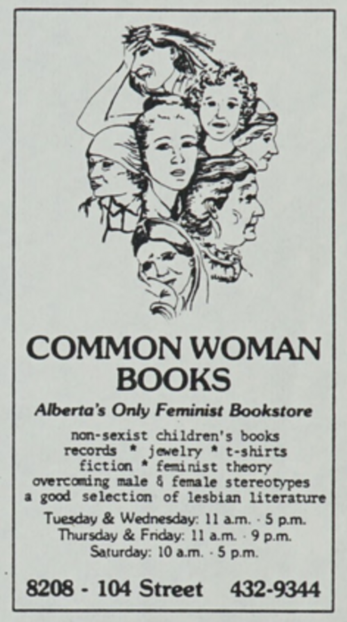 1982 年 12 月号の Womonspace Newsletter の 2 ページ目に掲載された Common Woman Books の広告。
