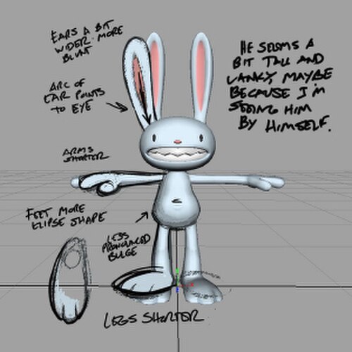 3Dモデルビューアで表示された、擬人化されたウサギのスクリーンショット。画像には鉛筆で注釈が書き込まれており、耳の位置、腕の長さ、足の形など、必要な変更点がキャラクターの上に描かれている。