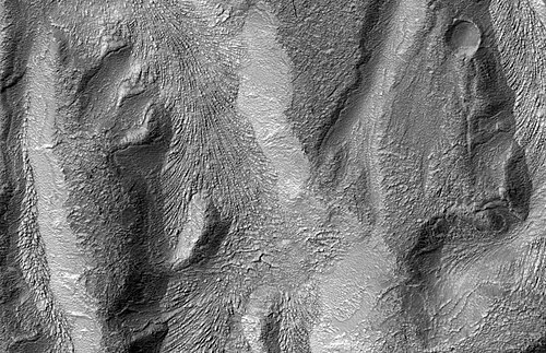 HiRISE で見た下り坂の動きを示す表面の特徴