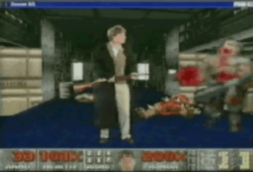 Doom ゲームでショットガンを持っているビル ゲイツのアバターのスクリーンショット