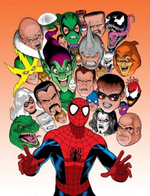 複数のキャラクターの頭の前に立つスパイダーマン。