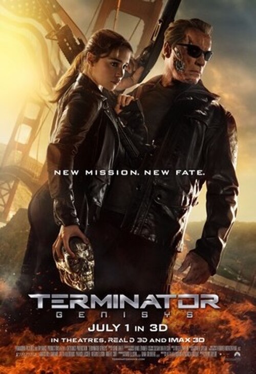 アーノルド・シュワルツェネッガーとエミリア・クラークがそれぞれT-800ターミネーターとサラ・コナーの役で黒い革の服を着ている映画のポスター。背景はサンフランシスコ湾岸地域。