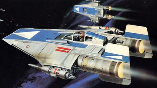 星雲を背景に、2つの矢じり型の航空機が宇宙を飛行している