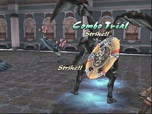 戦闘中のキャラクターの変身版である翼のあるモンスターが攻撃を実行する準備をしている