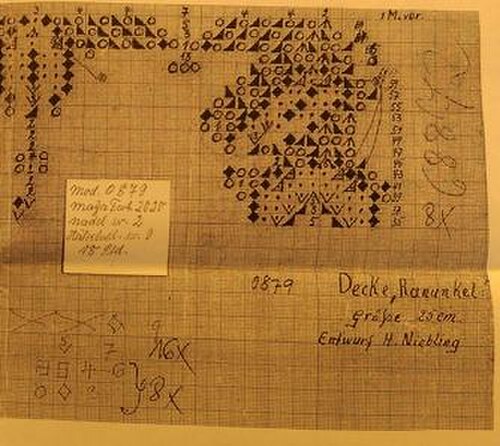 ニーブリングが1963年頃に手描きした図案。後にブルダ社からパターン418/43「フィリグラーネ・シュピッツェンブリューテ」として出版された。