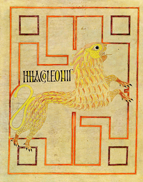 エヒテルナッハ福音書に描かれたライオンの姿の聖マルコ、800年頃、アイルランド・ザクセン語。
