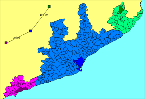 バルセロナ首都圏（青色）