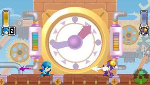大きな時計の前で青いキャラクターのスプライトと紫色のキャラクターのスプライトが向かい合っている様子を描いた長方形のビデオゲームのスクリーンショット。