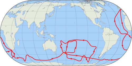 クックの2回目の航海の航路を示す線が描かれた、地球全体の地図