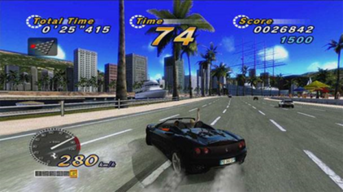 横長の長方形のビデオ ゲームのスクリーンショット。これは、街の通りをデジタルで表現したものです。暗い色の車が通りをドリフトしています。このスクリーンショットには、左下にスピードメーター、上部にタイマーとスコアを示す数字が表示されたヘッドアップ ディスプレイが描かれています。