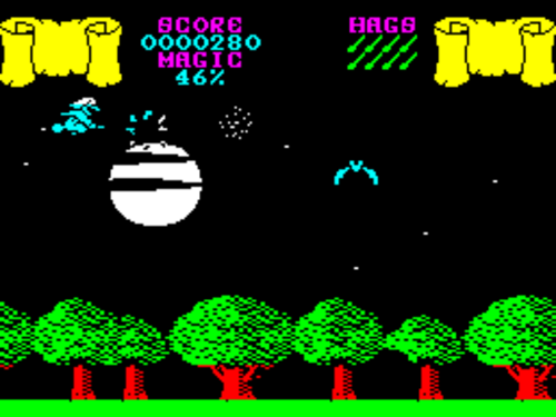 森をデジタルで表現した横長の長方形のビデオゲームのスクリーンショット。左上隅の木々の上を魔女がほうきに乗って飛んでおり、その行く手にはコウモリが羽ばたいています。