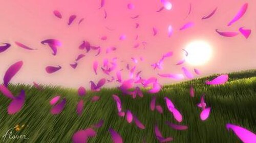 緑の草原の上にピンク色の花びらの群れが描かれ、鑑賞者もその中にいるようです。空はピンク色で、右側の地平線の上には淡い黄色の太陽が描かれています。