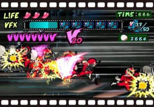 赤いスーパーヒーローのユニフォームを着たキャラクターのコピーが数体、画面上の灰色の敵を攻撃します。画面上部の「Life」という文字の横に 3 つのハートが表示されます。その下には、「VFX」という文字といくつかのフィルム キャニスター シンボルの間に固定された青いバーがあります。右側には、シンボルの拡大版と、時間と 4 桁のスコアが表示されます。画面の左側には、文字 V が繰り返し表示されます。