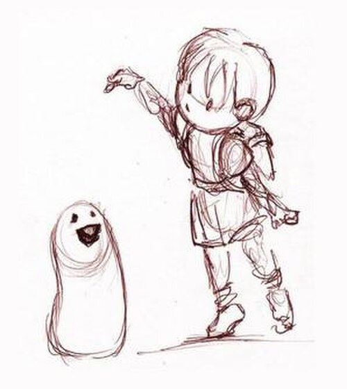 ブロブの頭の上にジェリービーンズを持っている少年の手描きスケッチ。