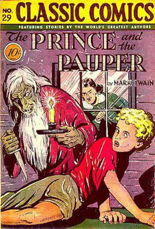 ひげを生やしたナイフを持った男に脅される少年が描かれた漫画本の表紙