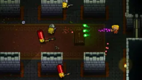 ビデオゲーム「エンター・ザ・ガンジョン」のスクリーンショット。キャラクターが戦闘している様子が映っている。